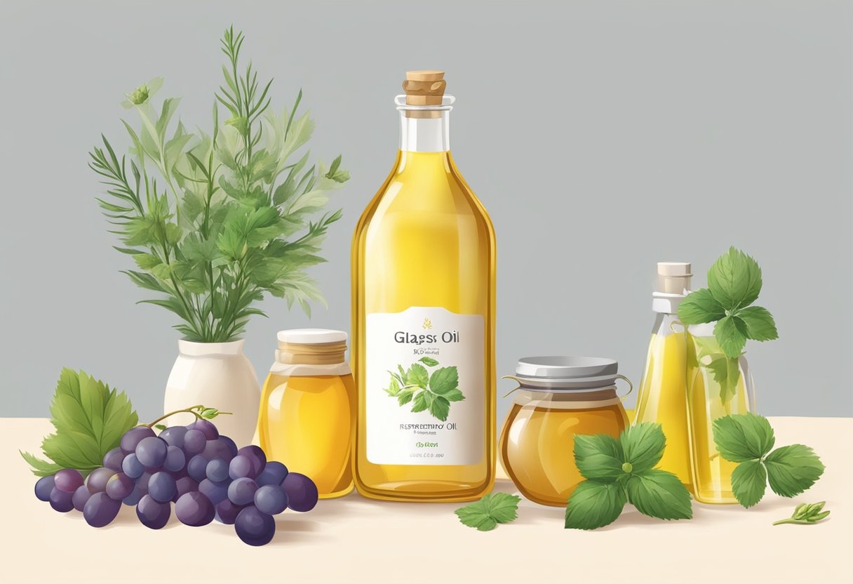 A glass bottle with grapeseed oil and honey, surrounded by various herbs and ingredients, on a clean, well-lit countertop