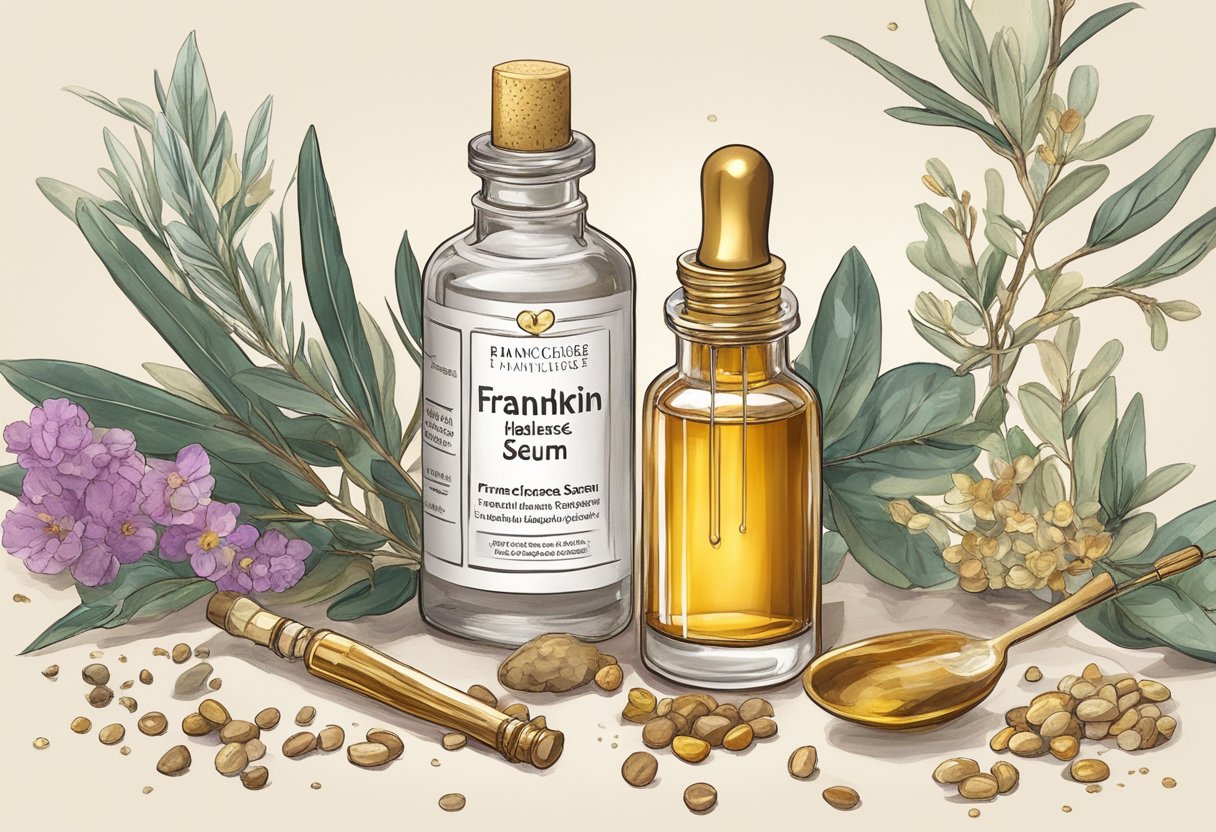 A small glass bottle with a dropper contains a golden liquid labeled "Frankincense and Myrrh Healing Serum." A variety of ingredients and tools for making homemade serums are scattered around the bottle
