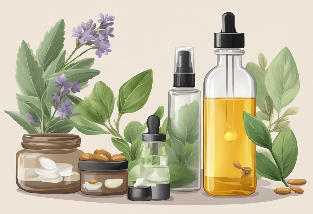 Clary Sage and Argan Oil serum bottle surrounded by various essential oils and ingredients on a clean, organized workspace