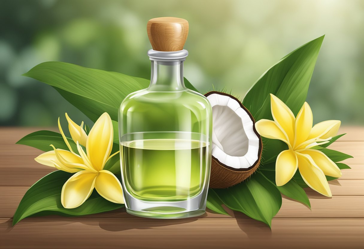 A glass bottle of serum sits on a wooden surface, surrounded by fresh ylang-ylang flowers and coconuts