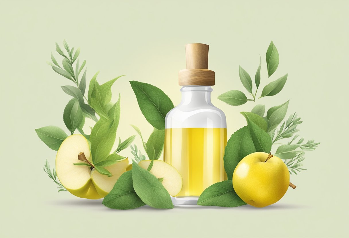 A glass bottle filled with apple cider vinegar and green clay serum on a clean white background, surrounded by fresh ingredients like lemons and herbs