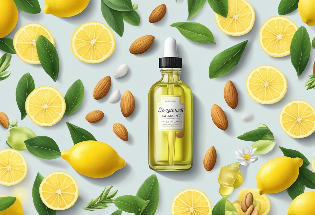 A clear glass bottle with a dropper containing Bergamot and Almond Oil Serum, surrounded by ingredients like lemons, almonds, and essential oils