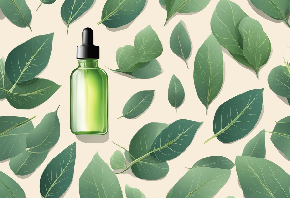 A clear glass bottle filled with eucalyptus and hemp seed oil serum, surrounded by fresh eucalyptus leaves and hemp seeds