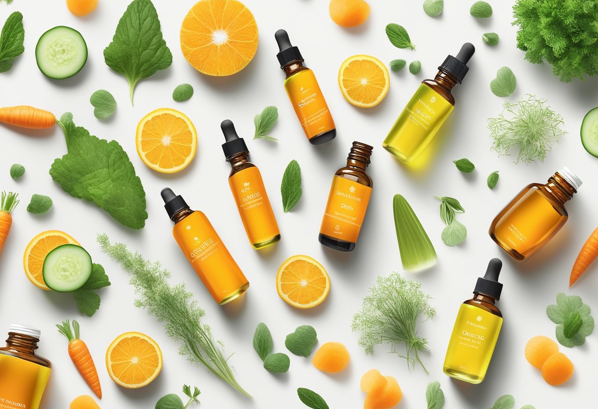 A glass dropper bottle with carrot seed oil and cucumber serum surrounded by fresh ingredients and essential oils on a clean, white surface