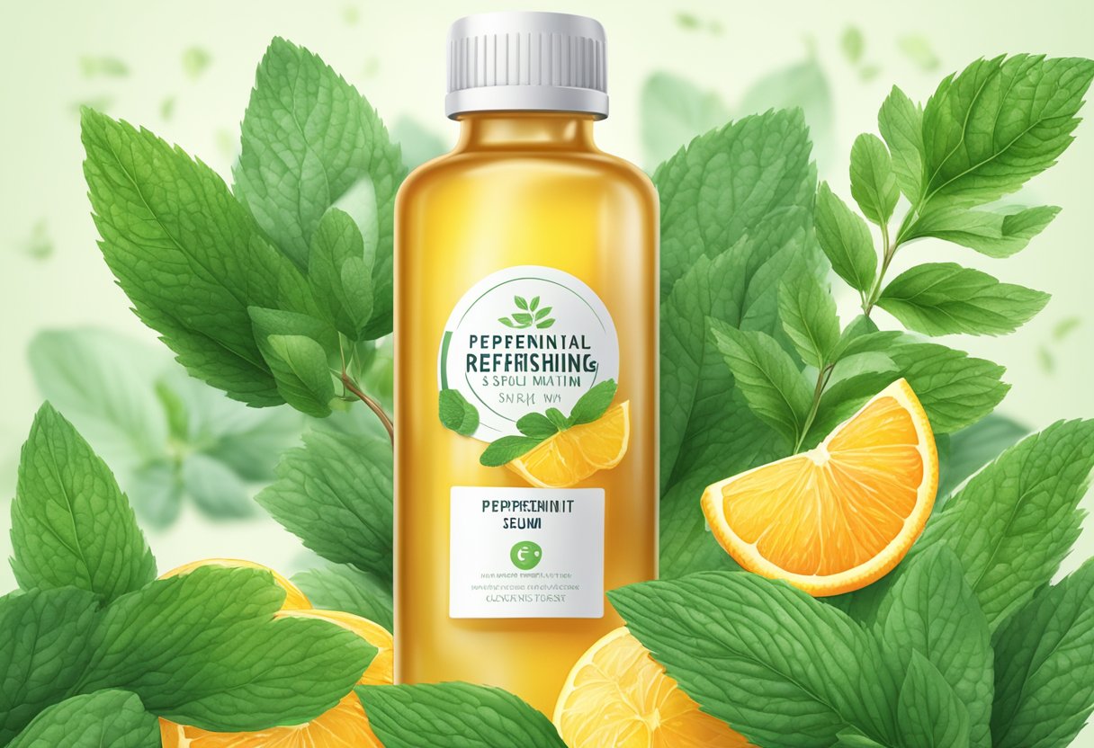 A clear glass bottle with a label reading "Peppermint and Vitamin C Refreshing Serum" surrounded by fresh peppermint leaves and vitamin C-rich fruits