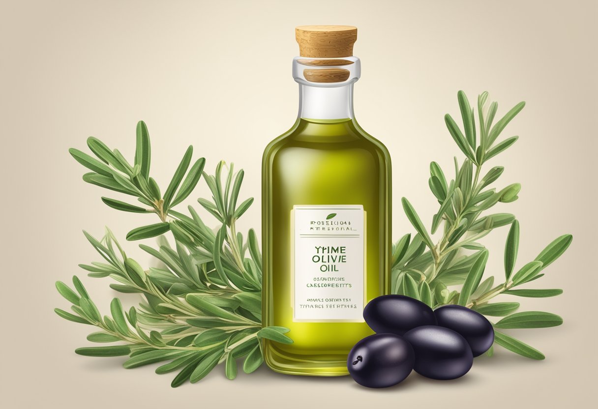 A small glass bottle of thyme and olive oil serum surrounded by fresh thyme sprigs and olives, with a label listing the ingredients and benefits