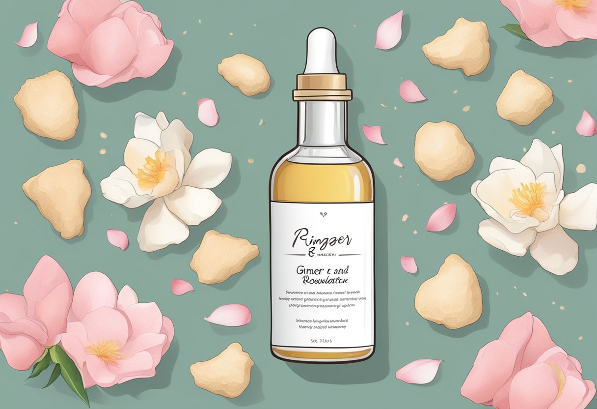 A glass bottle of ginger and rosewater serum surrounded by fresh ginger and rose petals, with a handwritten label listing the ingredients and benefits