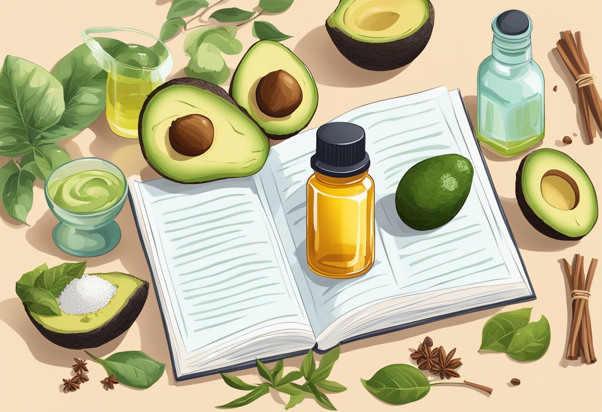 A glass bottle filled with clove and avocado oil serum surrounded by various ingredients and a recipe book open to "25 Best DIY Homemade Blemish-Busting Serum Recipes For Blackheads."