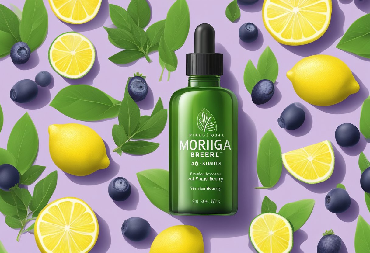A clear glass bottle filled with green Moringa and purple Acai Berry serum, surrounded by fresh ingredients like lemons and berries