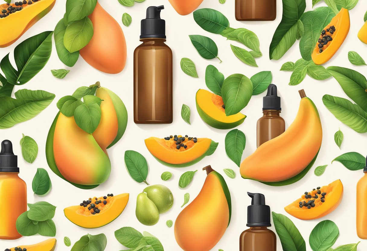 A vibrant papaya and mango sit atop a serum bottle surrounded by fresh ingredients
