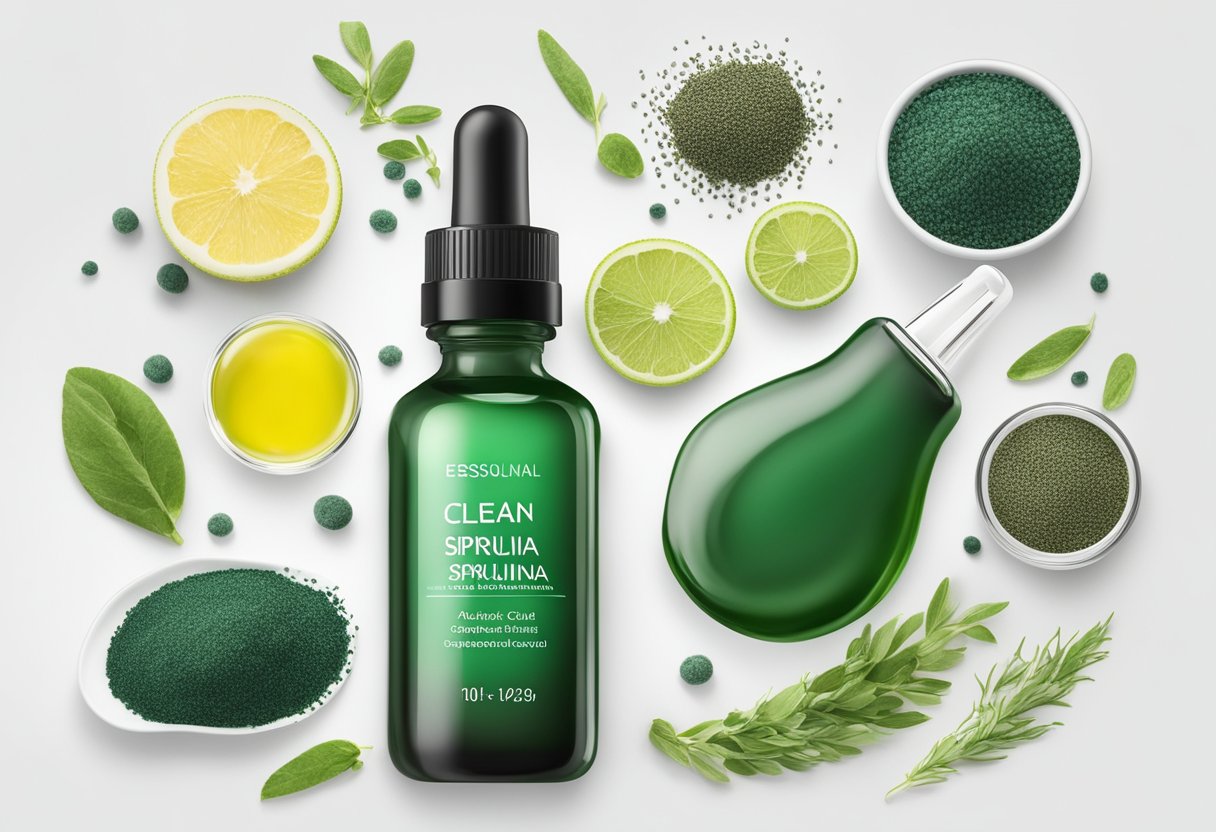 A clear glass dropper bottle filled with green Spirulina and Chia Seed Oil serum, surrounded by various ingredients and essential oils on a clean, white surface