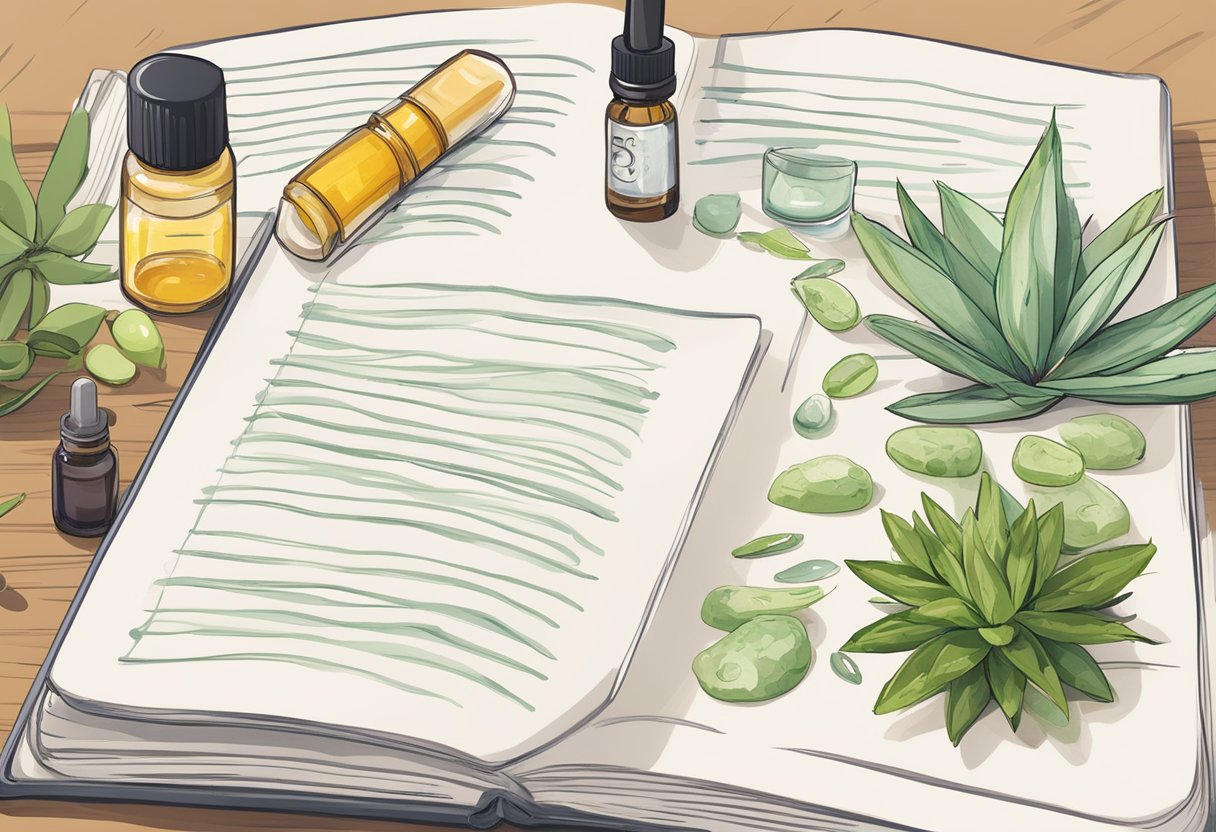 A table with various ingredients like essential oils, aloe vera, and witch hazel. A notebook with handwritten serum recipes. A laptop open to a webpage titled "25 Best DIY Blemish-Busting Serum Recipes."