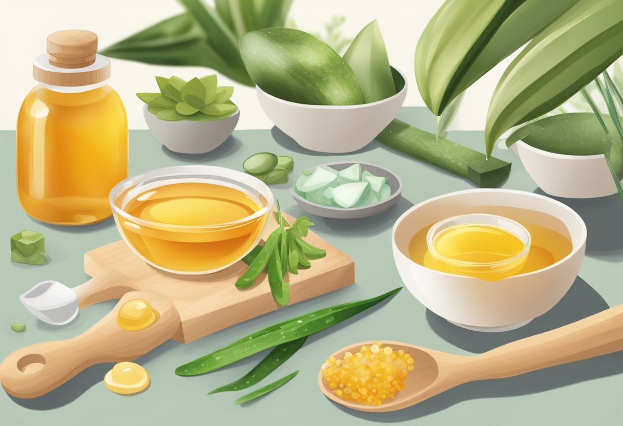 A table filled with various ingredients like honey, tea tree oil, and aloe vera. A mortar and pestle are used to mix the ingredients together to create homemade acne spot treatments