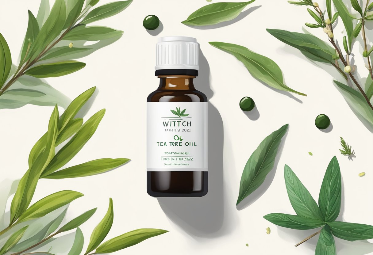 A small bottle of tea tree oil and witch hazel sits on a clean, white countertop. The ingredients are surrounded by fresh herbs and a mortar and pestle, ready to be mixed into a homemade acne spot treatment