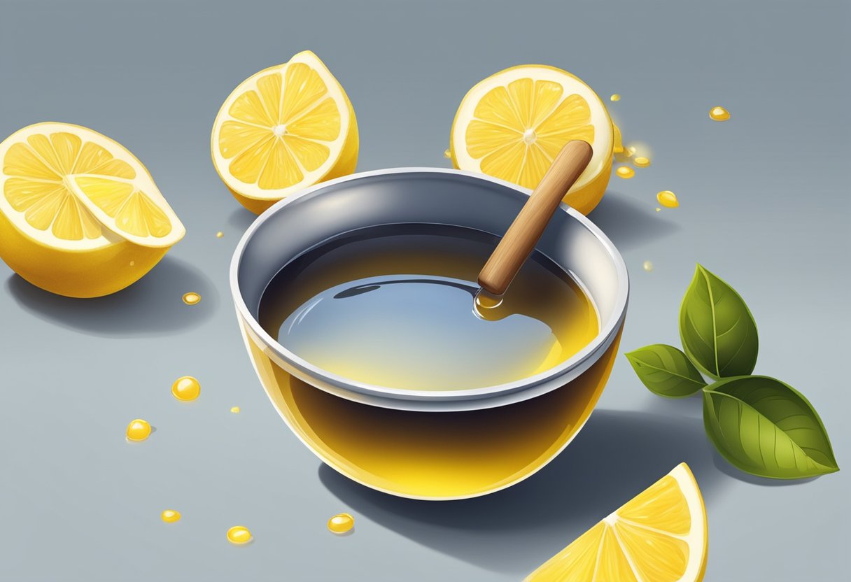 A small bowl with lemon juice and honey sits on a clean surface, ready to be mixed for an anti-acne treatment