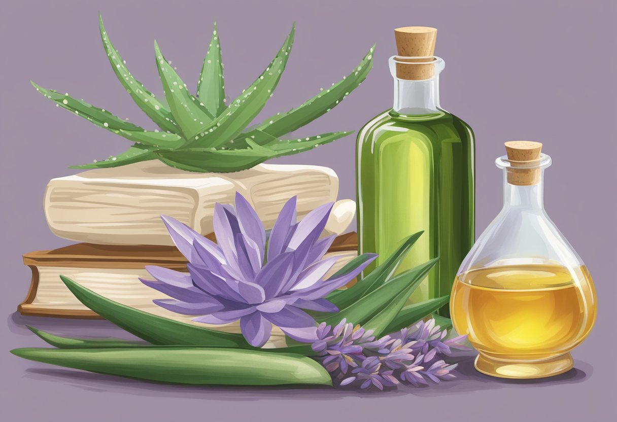 Aloe vera and lavender oil gel in a clear bottle, surrounded by ingredients like tea tree oil and witch hazel. A mortar and pestle sits nearby, along with a recipe book and various essential oils