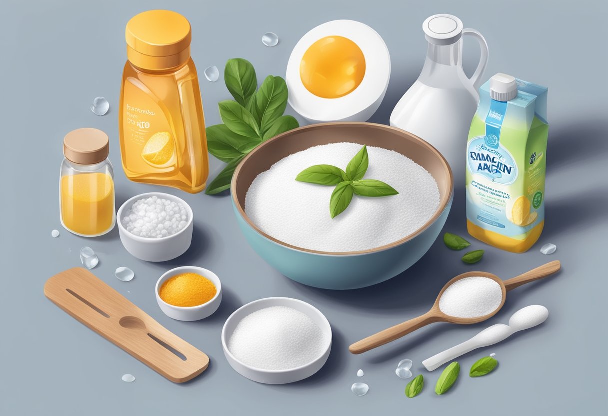 A bowl of baking soda and water paste sits on a clean countertop, surrounded by various ingredients and utensils