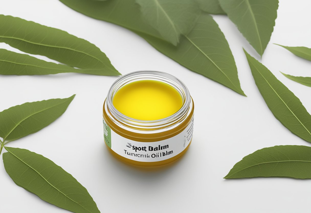 A small glass jar filled with neem oil and turmeric balm sits on a clean white surface. The label reads "Spot Balm" in bold letters