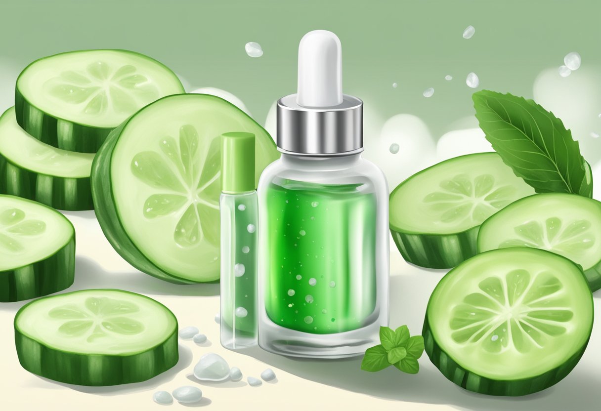 A clear glass bottle with a dropper filled with soothing serum, surrounded by fresh cucumber slices and a sprinkle of salicylic acid powder