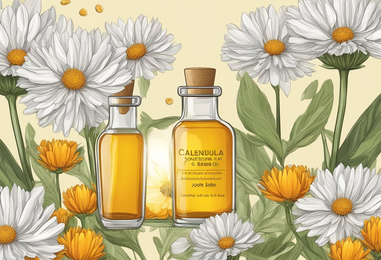A glass bottle filled with calendula and jojoba oil blend, surrounded by fresh calendula flowers and jojoba seeds