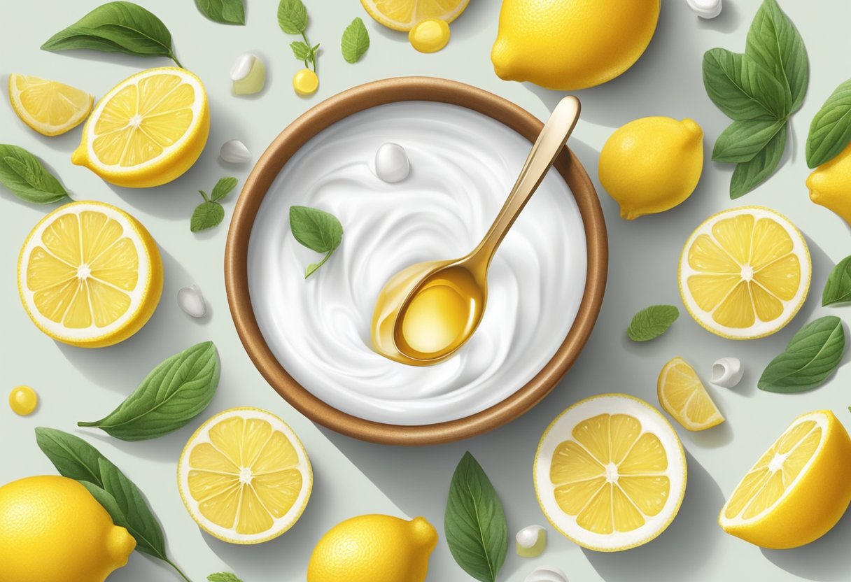 A small bowl containing aspirin, lemon juice, and a spoon, surrounded by various ingredients like honey and yogurt