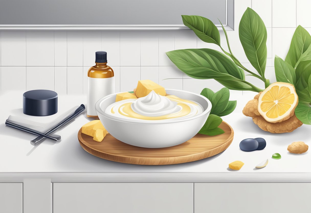 A bowl of ginger and yogurt spot reducer surrounded by acne treatment ingredients on a clean, white countertop