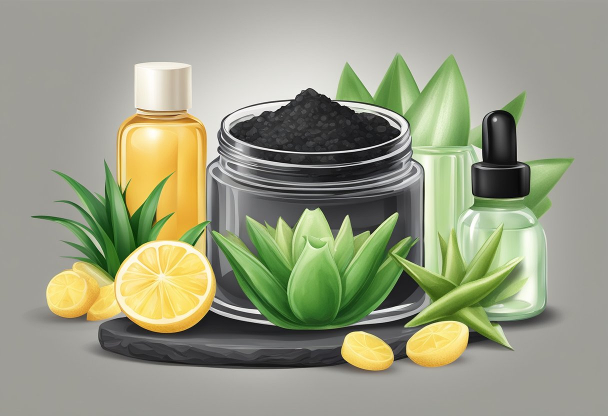 A jar of charcoal and aloe vera gel surrounded by ingredients for acne spot treatment