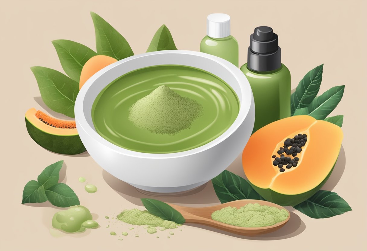 A small bowl filled with papaya enzyme and green clay mask, surrounded by various ingredients and utensils for making homemade acne spot treatment
