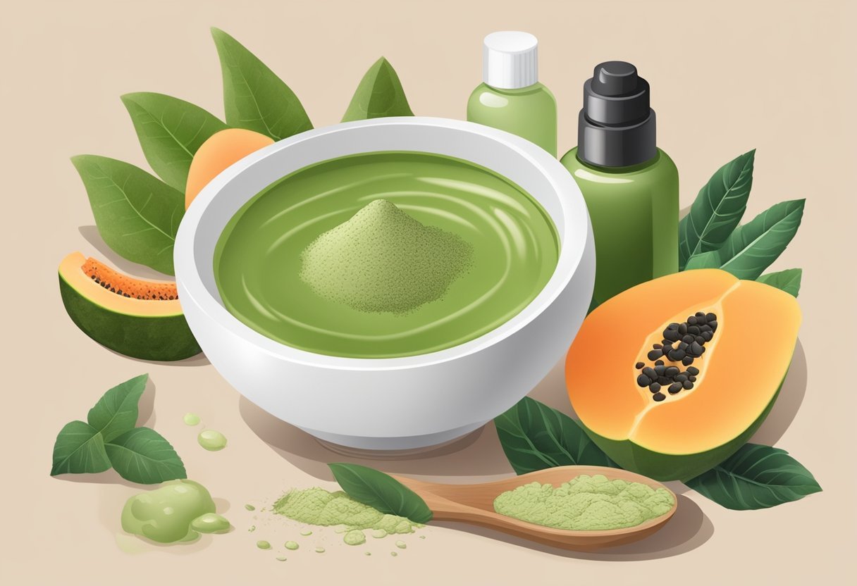 A small bowl filled with papaya enzyme and green clay mask, surrounded by various ingredients and utensils for making homemade acne spot treatment