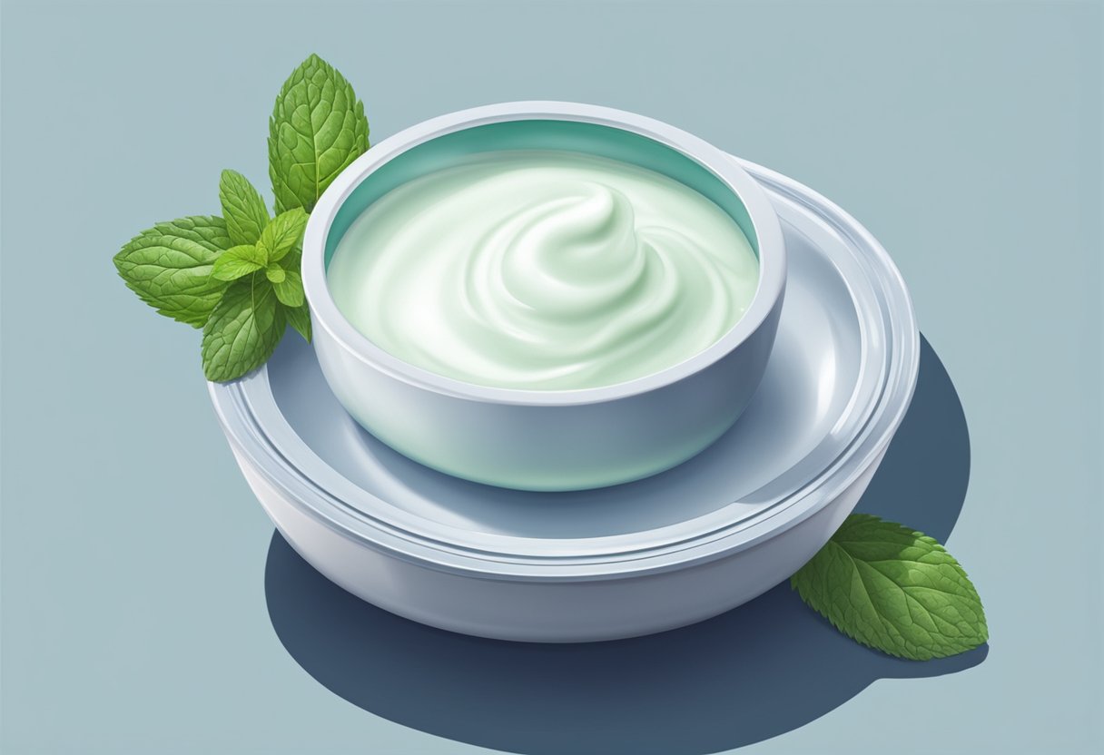 A small dish of yogurt mixed with peppermint oil sits on a cool surface, ready to be dabbed onto an acne spot