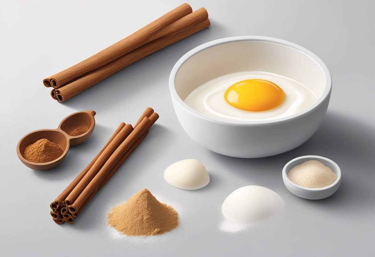 A small bowl of cinnamon and egg white mix sits on a clean, white surface. The ingredients are neatly arranged next to each other, ready to be mixed together