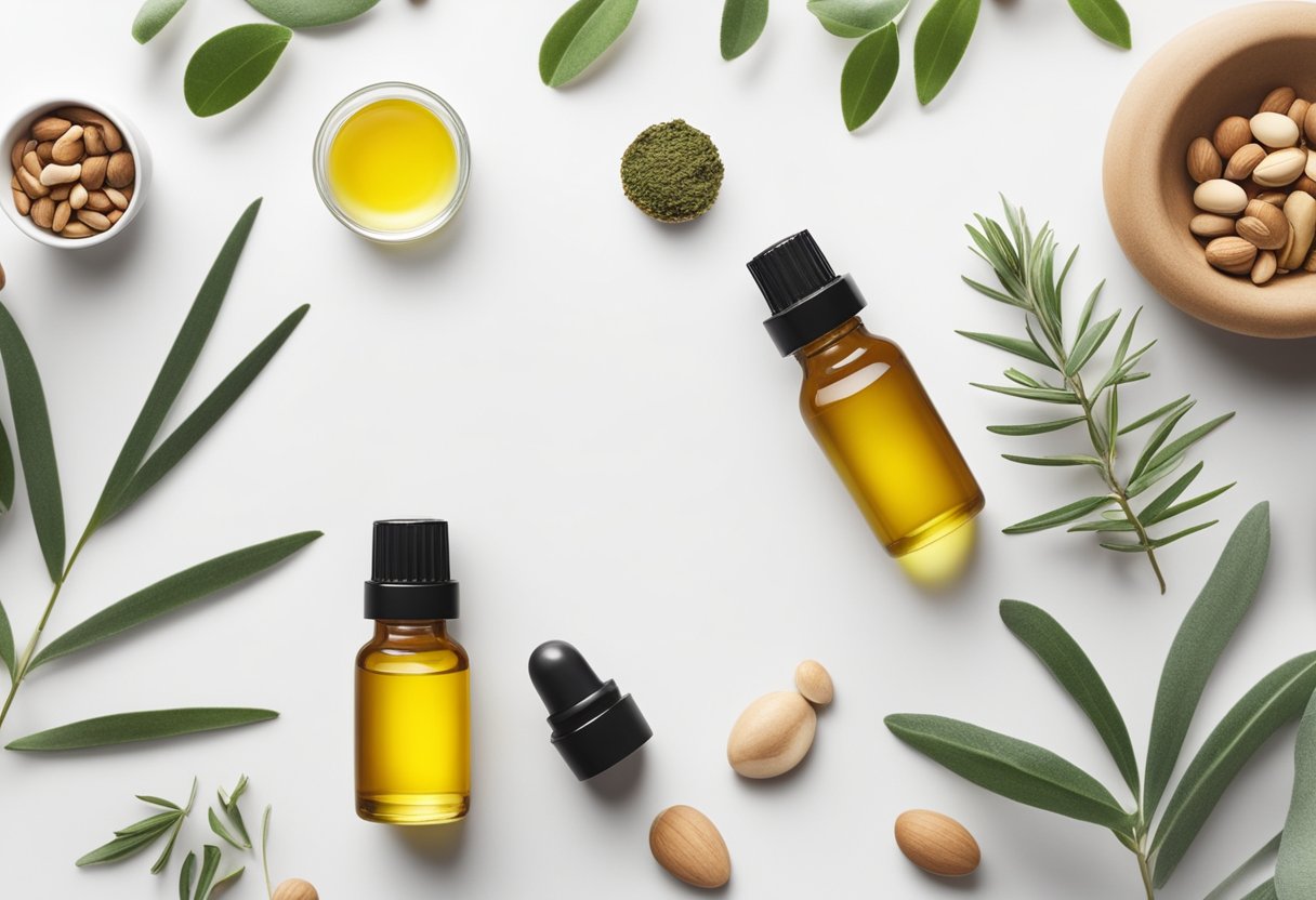 A small bottle of Argan Oil and Tea Tree Spot Serum sits on a clean, white surface surrounded by various ingredients and tools for making homemade acne spot treatments