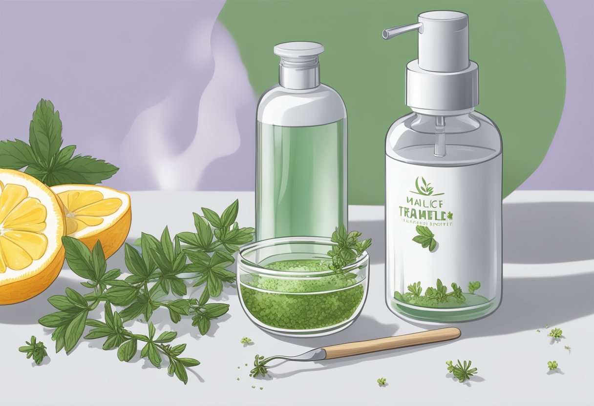 A dropper dispenses thyme and witch hazel astringent onto a glass surface, surrounded by ingredients for homemade acne spot treatment