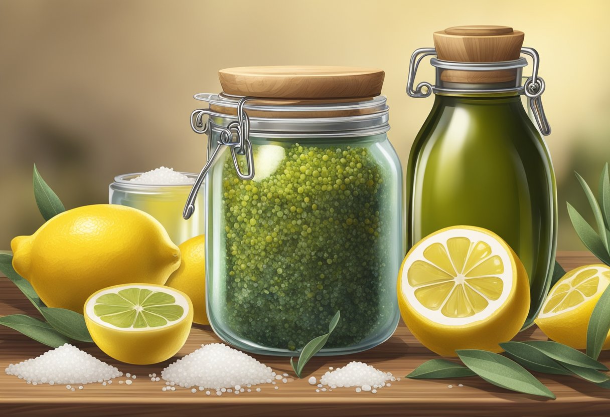 A glass jar filled with sea salt and olive oil scrub sits on a wooden table, surrounded by ingredients like lemons and herbs