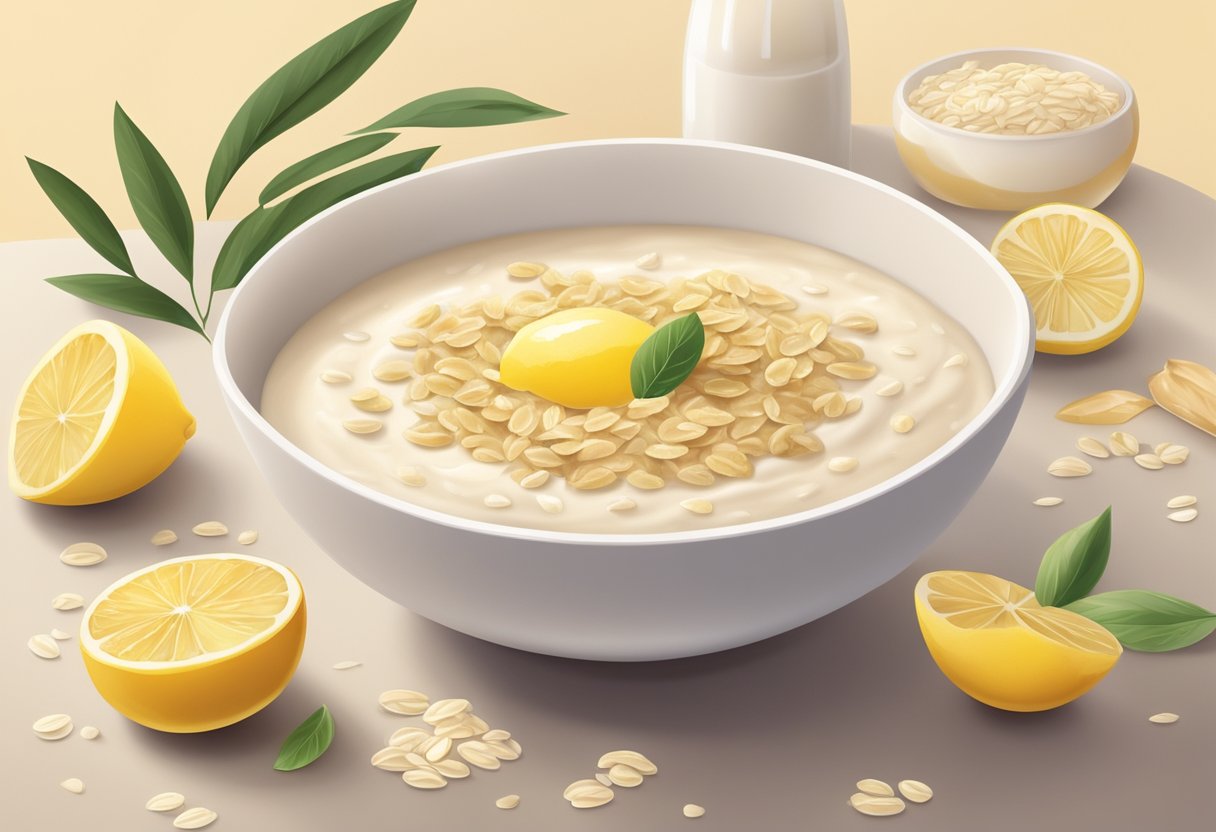 A bowl of oatmeal and milk paste sits on a clean surface, surrounded by ingredients like honey and lemon. A soothing atmosphere is suggested with soft lighting and natural elements