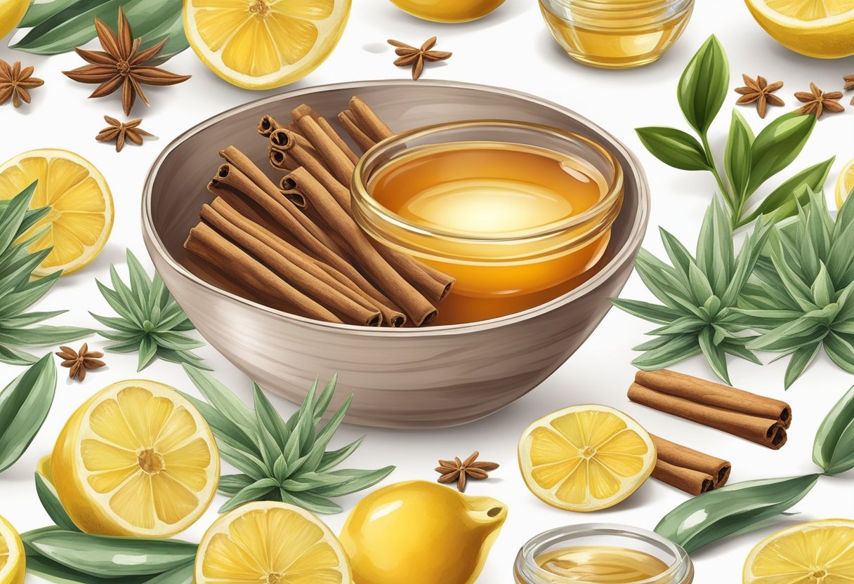 A small bowl with Manuka honey and cinnamon mixed together, surrounded by various ingredients like aloe vera, tea tree oil, and lemon juice