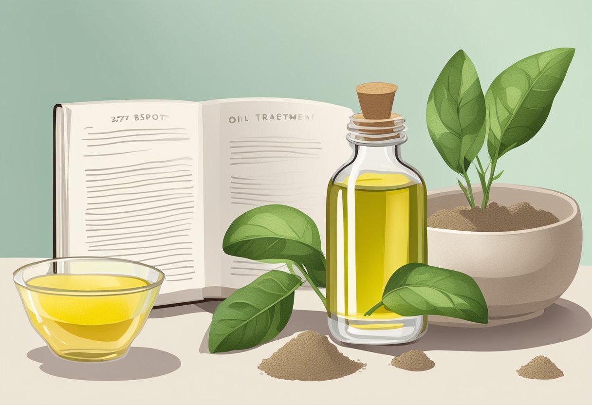 A small glass jar of bergamot oil sits next to a bowl of clay mask. A recipe book titled "27 Best DIY Homemade Acne Spot Treatment Recipes For Oily Skin" is open nearby