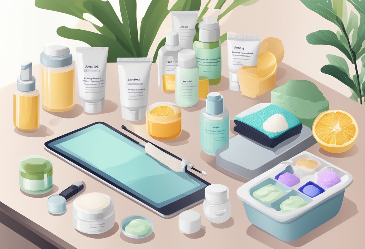 A table with various ingredients and containers for homemade acne spot treatments, surrounded by skincare products and a computer displaying FAQ page