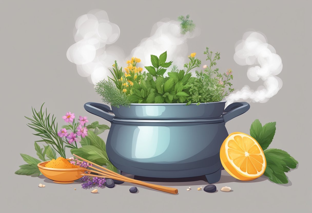 A steaming pot with various herbs and flowers, emitting fragrant steam. A bowl with a mixture of ingredients sits nearby