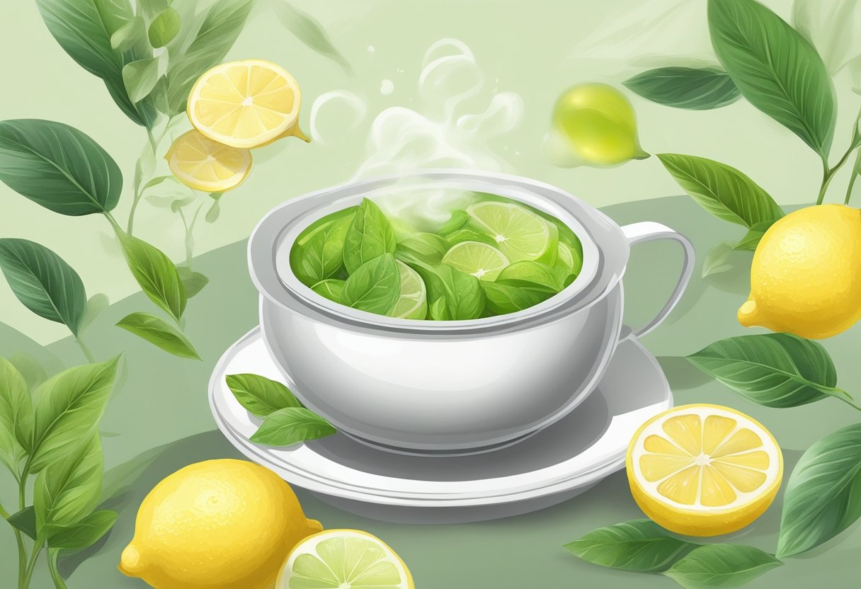 A steaming bowl of green tea and lemon emits a refreshing aroma, surrounded by ingredients for a homemade facial steam
