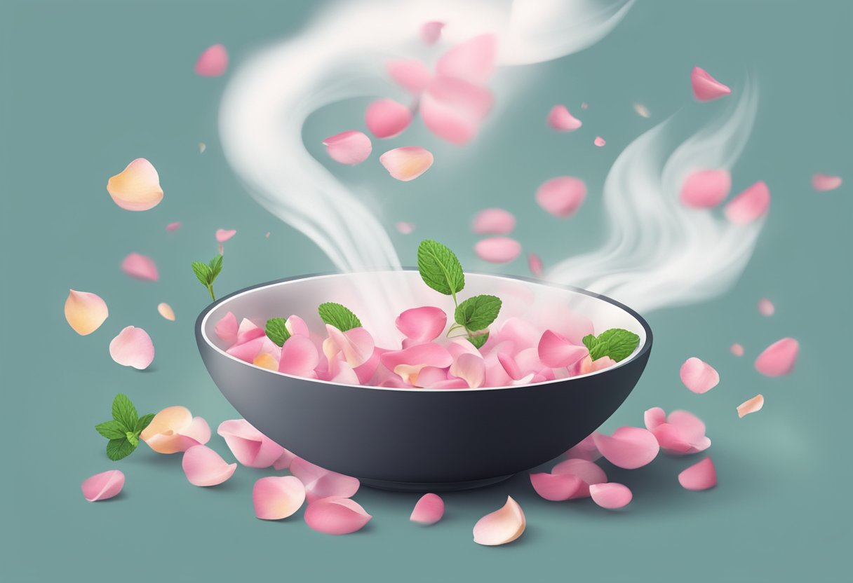 A steaming bowl with rose petals and mint leaves releasing refreshing aroma