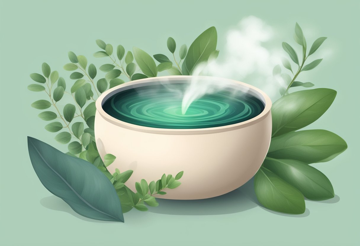 A pot of steaming water with eucalyptus and tea tree oil, surrounded by green leaves and a calming, purifying aroma
