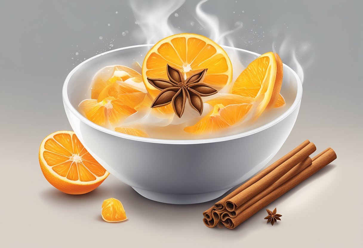 A bowl of steaming water with orange peel and cinnamon, releasing invigorating aroma