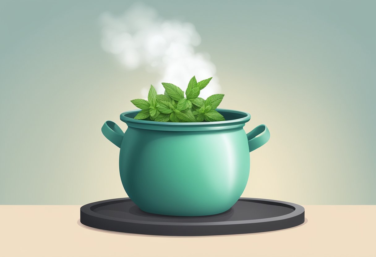 A pot of boiling water with peppermint and rosemary leaves steaming, releasing a refreshing scent