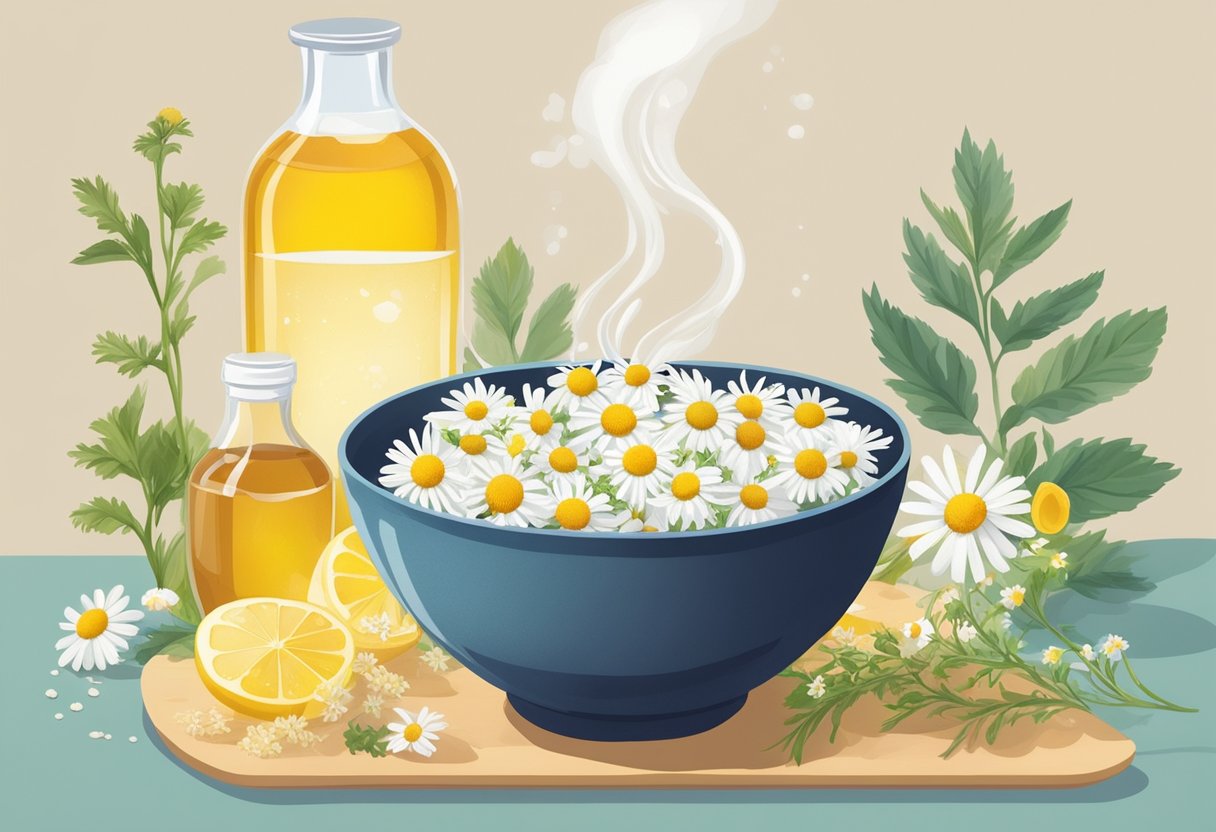 A bowl of chamomile and honey-infused water steams on a table, surrounded by ingredients for a homemade facial steam