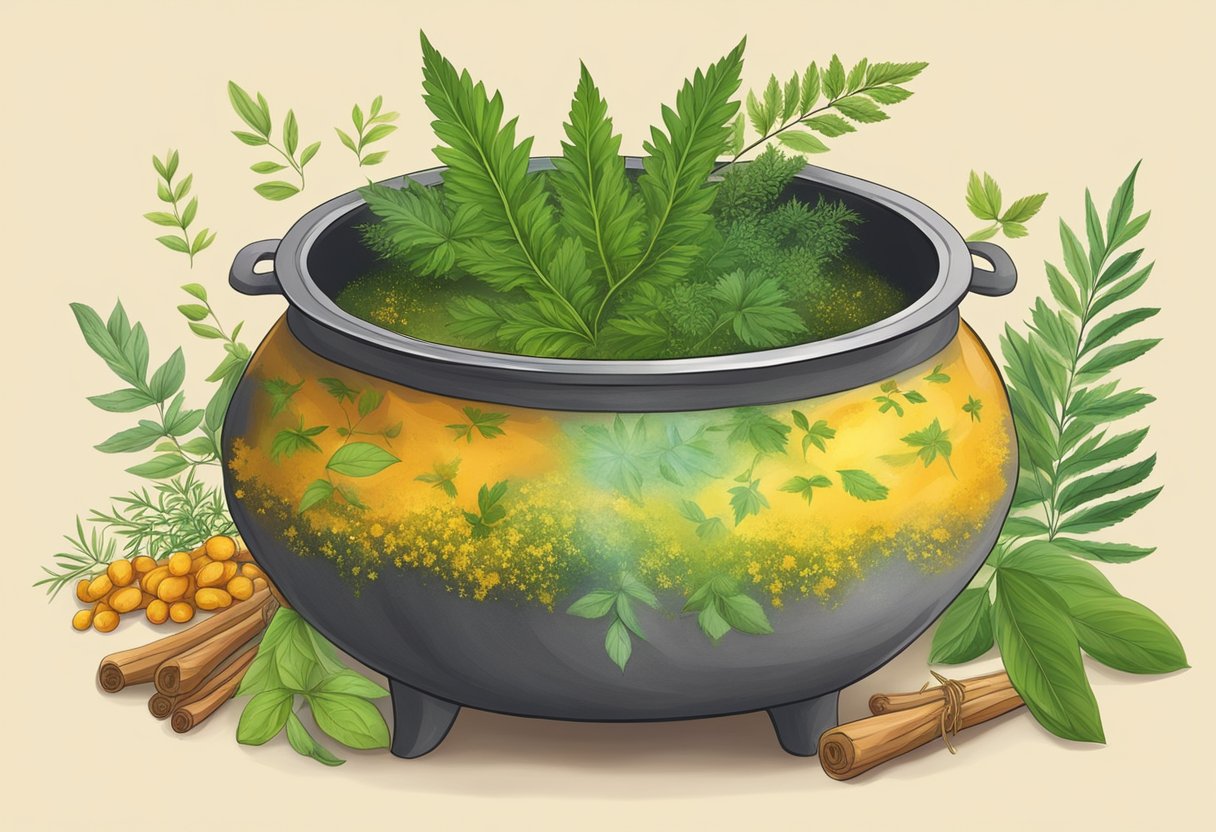 A pot steams with neem and turmeric. Herbs surround it
