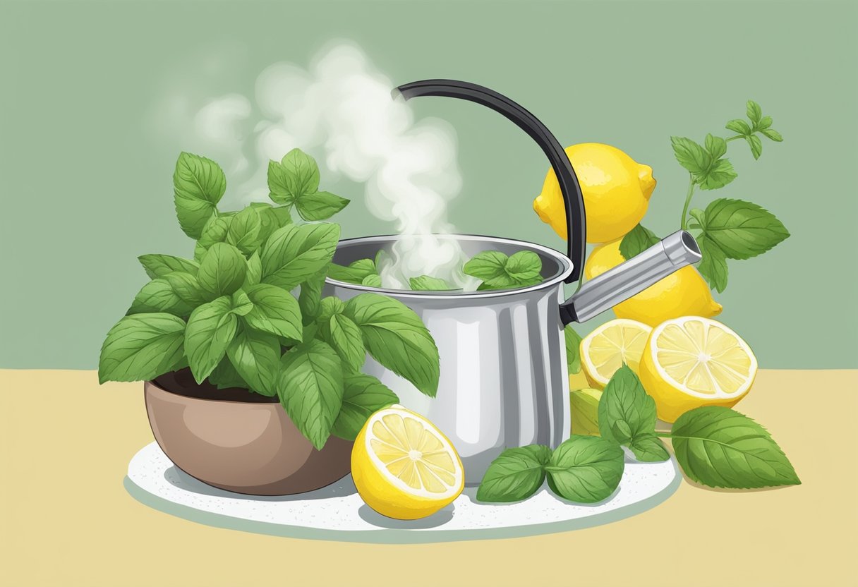 A pot steams with lemon balm and basil, releasing detoxifying aroma. Ingredients sit nearby for a homemade facial steam