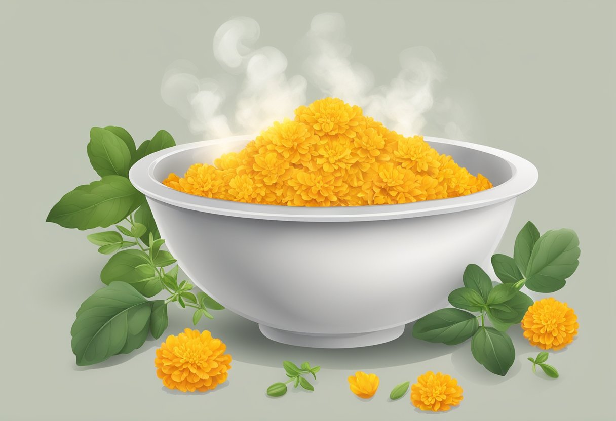 Marigold and oregano leaves releasing steam in a bowl for detoxifying facial steam