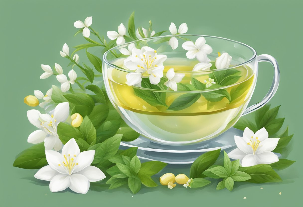 A bowl of steaming jasmine and green tea, surrounded by fresh herbs and flowers, releasing a revitalizing aroma