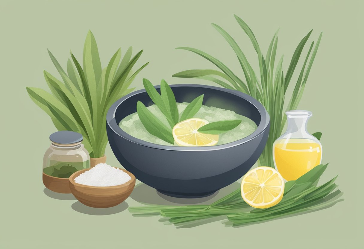 Sage and lemongrass steam rises from a bowl, surrounded by ingredients for a homemade facial detox